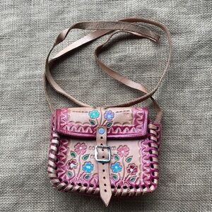 Handmade leather mini bag embossed & painted Crafted Import Vacation Beach boho